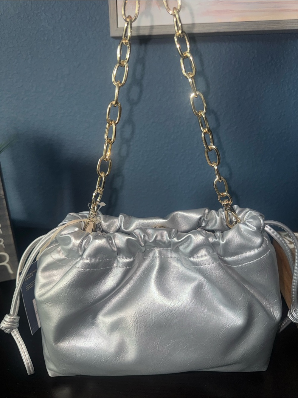 Universal Thread Silver Drawstring Mini Bag with Gold Chain